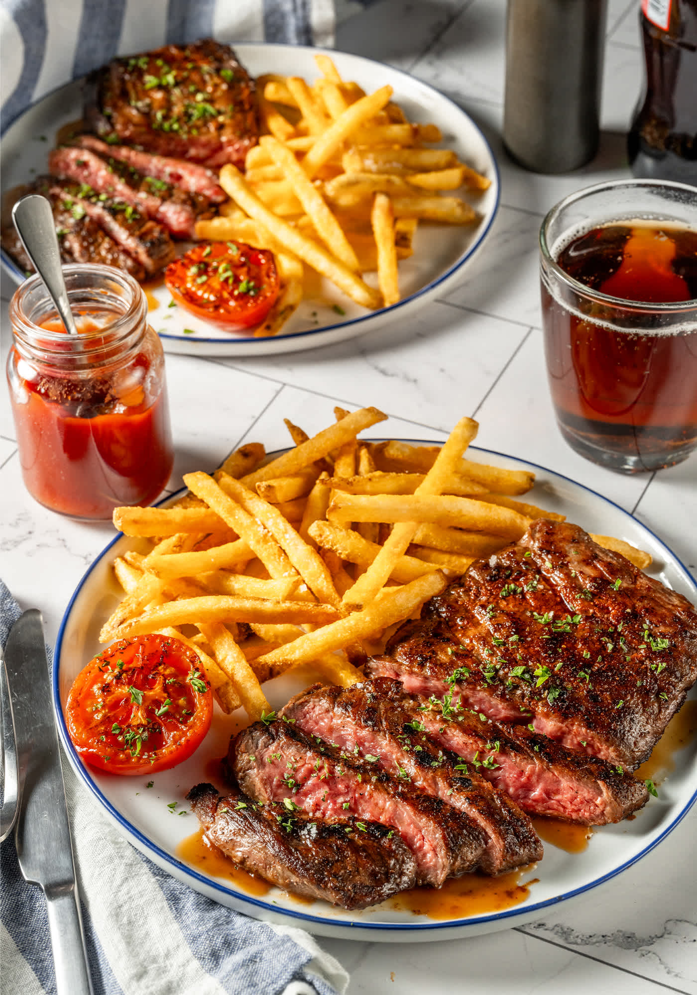 Plated steak and french fries
